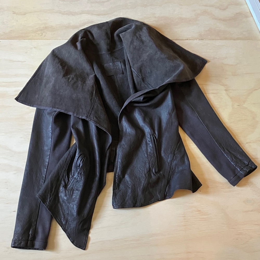 All Saints Dark Brown Leather Jacket Datya asymmetrical peplum